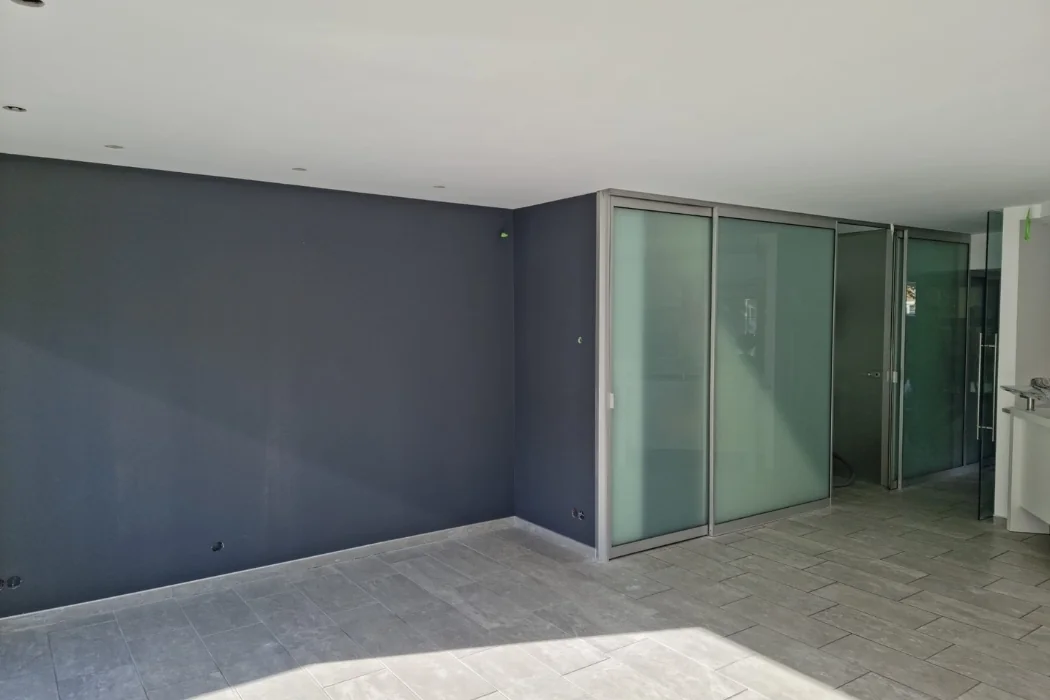 Woonruimte met donkere accentwand, licht plafond en een glazen scheidingswand met deur