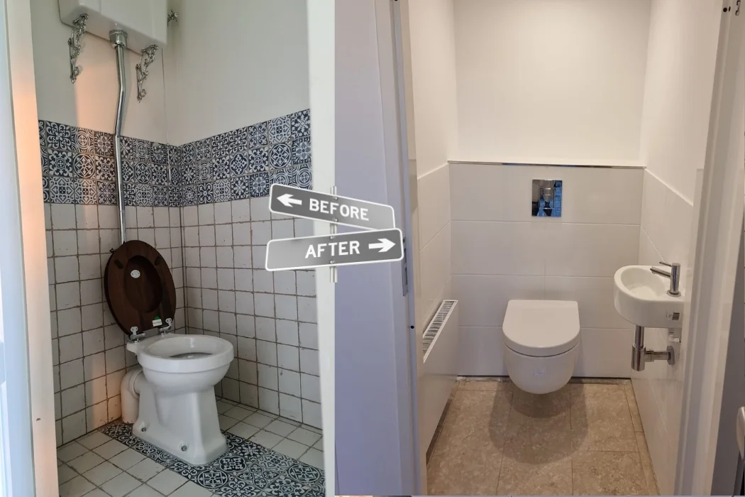 Bestaande vergelijking van een toiletruimte voor en na de verbouwing